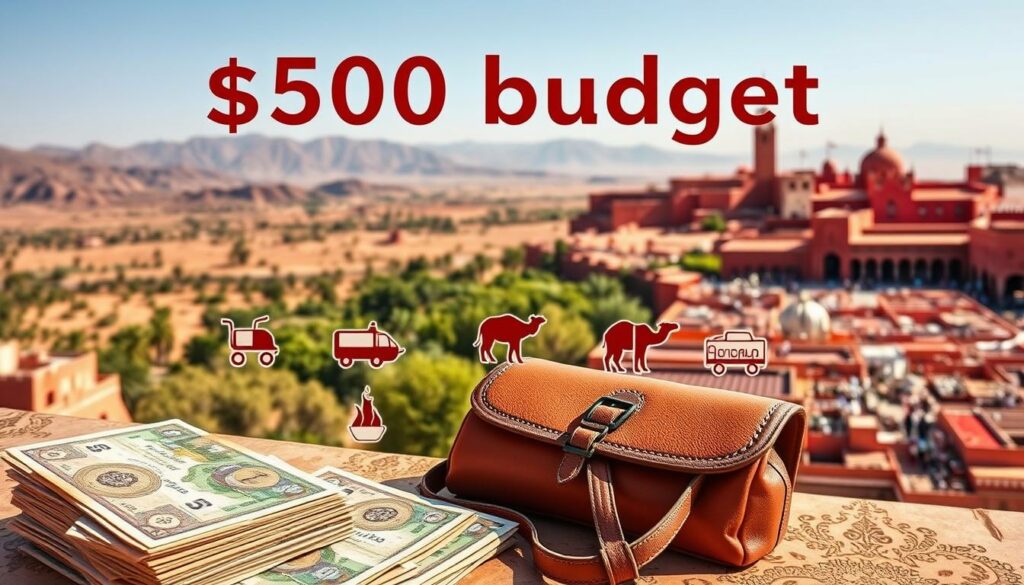 A beautifully illustrated breakdown of a $500 Moroccan budget, showcasing a vibrant mosaic of expenses. In the foreground, a stack of colorful dirhams and a traditional leather satchel, representing the funds available. The middle ground features detailed icons depicting key budget categories: ornate tiles for lodging, a steaming tagine for food, a camel silhouette for transportation, and intricate artisanal crafts for shopping. In the background, a panoramic vista of the High Atlas mountains, a lush oasis, and the bustling medina of Marrakech, capturing the essence of this captivating North African destination. Warm, natural lighting casts a golden glow, evoking the rich cultural heritage. Captured with a wide-angle lens to provide a comprehensive, at-a-glance perspective on the $500 Moroccan adventure.