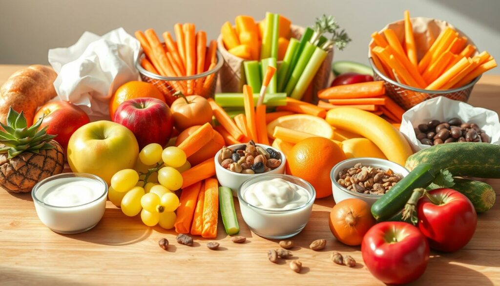A bright, cheerful scene featuring an assortment of wholesome snacks arranged on a wooden table. In the foreground, a variety of fresh fruits like apples, oranges, and grapes are carefully displayed. Behind them, a selection of crunchy vegetable sticks like carrot, celery, and cucumber are neatly organized. In the middle ground, small bowls contain protein-rich options such as yogurt, hummus, and trail mix. The lighting is soft and natural, creating a warm, inviting atmosphere. The composition is balanced, with the snacks taking center stage against a simple, uncluttered background. The overall impression is one of healthfulness, nourishment, and the delight of nutritious treats for growing children.