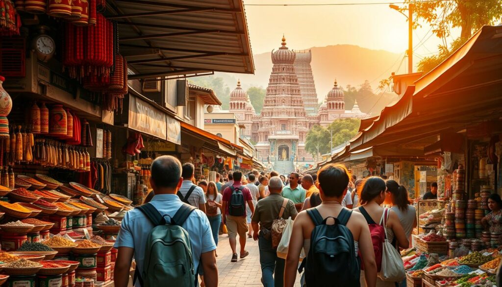 A bustling open-air market, stalls overflowing with vibrant local wares and spices. Shoppers navigate the crowded lanes, backpacks slung over their shoulders, eager to discover the world's most affordable travel destinations. In the distance, iconic landmarks peek out between the buildings - ancient temples, colorful street art, and lush greenery. Warm, golden sunlight filters through, casting a glow over the scene. A sense of adventure and cultural immersion permeates the air, inviting the viewer to embark on a low-cost global journey.