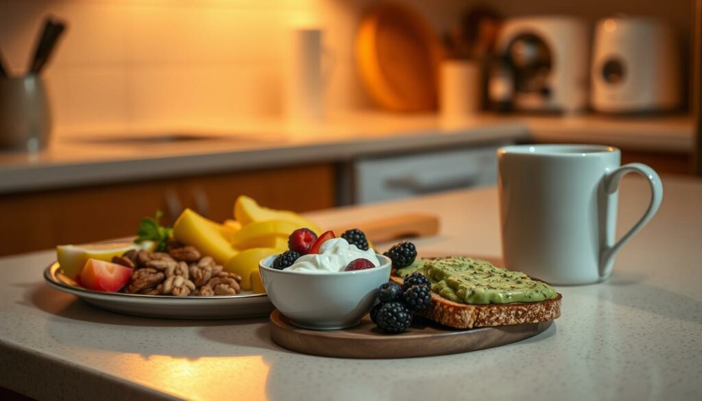 A cozy kitchen scene at midnight, soft warm lighting illuminating a simple but wholesome midnight snack selection. On the counter, a platter displays an array of nutrient-dense options - sliced fresh fruits, a handful of mixed nuts, a small bowl of Greek yogurt topped with berries, and a piece of whole grain toast with avocado spread. A steaming mug of herbal tea sits nearby, creating a soothing, calming atmosphere. The overall mood is one of peaceful indulgence, encouraging restful and restorative sleep.