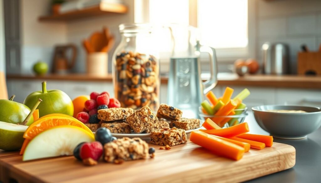 A cozy kitchen scene with an assortment of wholesome snacks for kids, bathed in warm, natural lighting. In the foreground, a wooden cutting board showcases fresh fruits like apple slices, orange wedges, and juicy berries. Beside them, a plate of homemade granola bars and energy bites, their textures inviting. In the middle ground, a glass jar filled with trail mix featuring a blend of nuts, seeds, and dried fruit. On the counter, a pitcher of chilled water and a bowl of carrot and celery sticks, ready for dipping in a creamy hummus dip. The background reveals a cheerful, pastel-toned kitchen, with a simple, minimalist aesthetic that evokes a sense of calm and nourishment.