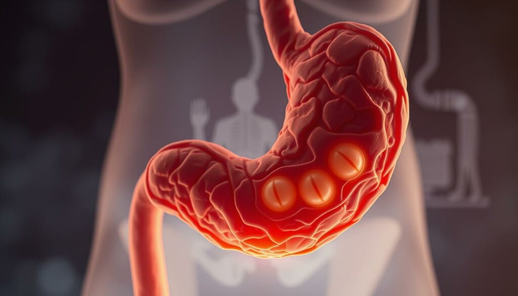 A detailed cross-section of a rumbling, gurgling stomach set against a soft, muted background. The stomach is depicted in the foreground, its surface textured and undulating, with visible movement and pockets of gas bubbling up. The lighting is warm and diffused, creating a sense of internal energy and unease. The middle ground features simplified anatomical structures, hinting at the digestive system at work. The background is blurred and atmospheric, conveying a sense of discomfort and unease. The overall aesthetic is realistic yet slightly stylized, capturing the essence of digestive noises and discomfort.