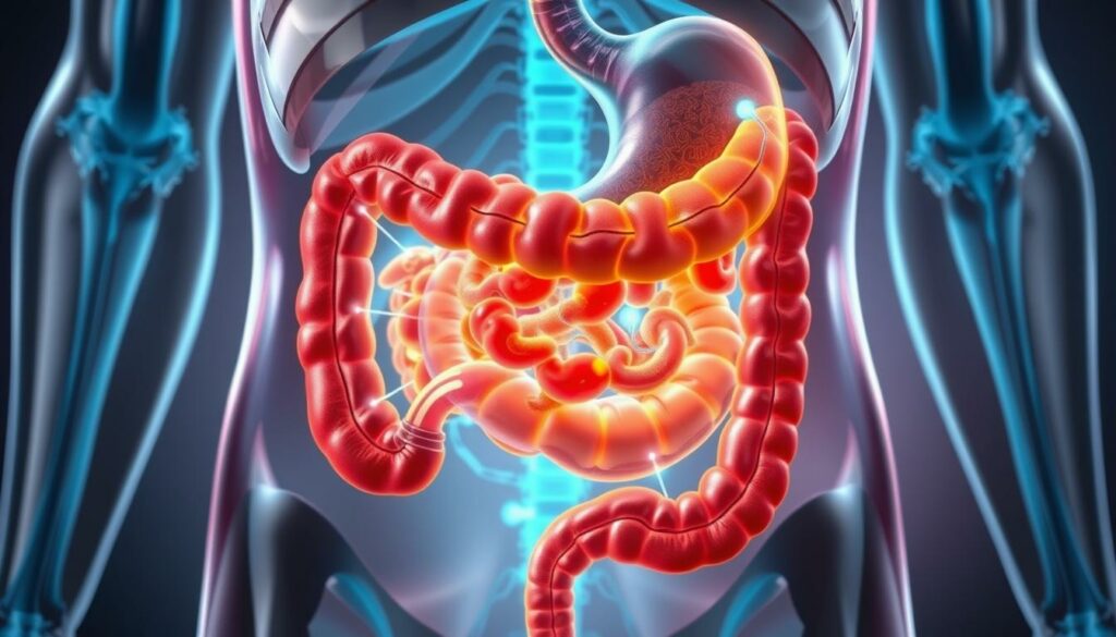 A detailed cross-section of the human digestive system, showcasing the intricate mechanisms behind stomach gurgling and gas production. The foreground depicts the stomach, intestines, and associated organs in vibrant, anatomically accurate detail, rendered in a semi-transparent style to reveal their inner workings. The middle ground features a network of nerves and muscles, illustrating the complex communication between the gut and the brain. The background is bathed in a soft, diffused lighting that creates a sense of depth and scientific exploration. The overall mood is one of educational clarity, inviting the viewer to delve into the fascinating science behind this common physiological phenomenon.