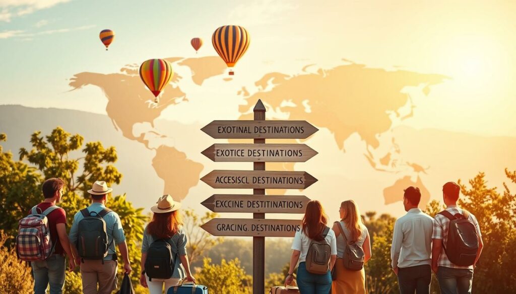 A serene, sunlit scene of a world map unfurling against a backdrop of lush greenery, with a cluster of colorful hot air balloons drifting above, symbolizing the boundless possibilities of affordable global travel. In the foreground, a group of diverse travelers, their luggage packed light, stands before a signpost pointing to various exotic destinations, each with an accessible price tag. The lighting is warm and inviting, evoking a sense of adventure and discovery. The overall composition conveys the excitement and accessibility of budget-friendly journeys across the world.