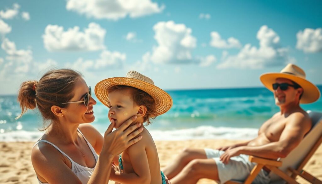 A sun-drenched beachscape with a family relaxing on the golden sands. In the foreground, a woman applies sunscreen to a child's face, her expression one of attentive care. In the middle ground, a man wearing a wide-brimmed hat and sunglasses reclines in a beach chair, sipping a refreshing beverage. In the background, azure waves gently lap at the shore, and a clear sky is dotted with fluffy white clouds. Warm, natural lighting bathes the scene, creating a sense of tranquility and safety. The overall composition conveys the importance of sun protection and outdoor enjoyment during the summer months.