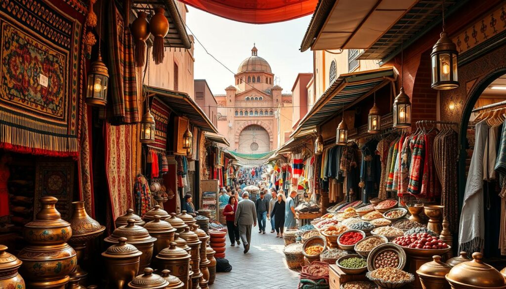 A vibrant Moroccan market bustling with activity, captured through the lens of a wide-angle camera. In the foreground, colorful handwoven rugs, ceramic tagines, and brass lanterns are displayed by local artisans. The middle ground reveals a maze of narrow alleyways lined with stalls selling spices, traditional clothing, and handcrafted jewelry. In the background, the iconic architecture of Marrakech's historic medina, with its intricate tile work and domed roofs, creates a picturesque scene. The warm, golden light of the afternoon sun casts a soft, inviting glow over the entire tableau, evoking a sense of cultural richness and budget-friendly adventure.