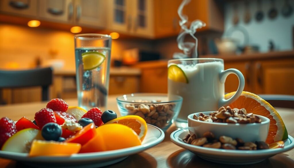A vibrant and inviting spread of healthy midnight snacks, bathed in a soft, warm glow. In the foreground, a plate of fresh-cut fruit including juicy berries, crisp apple slices, and vibrant orange wedges. Beside it, a small bowl of raw nuts and seeds, their textures and colors contrasting beautifully. In the middle ground, a glass of cool, refreshing water with a slice of lemon, and a mug of herbal tea, wisps of steam curling upwards. The background is a cozy, dimly lit kitchen, with wooden cabinets and countertops, creating a intimate, comfortable atmosphere. Soft, directional lighting illuminates the scene, casting gentle shadows and highlighting the natural beauty of the snacks.