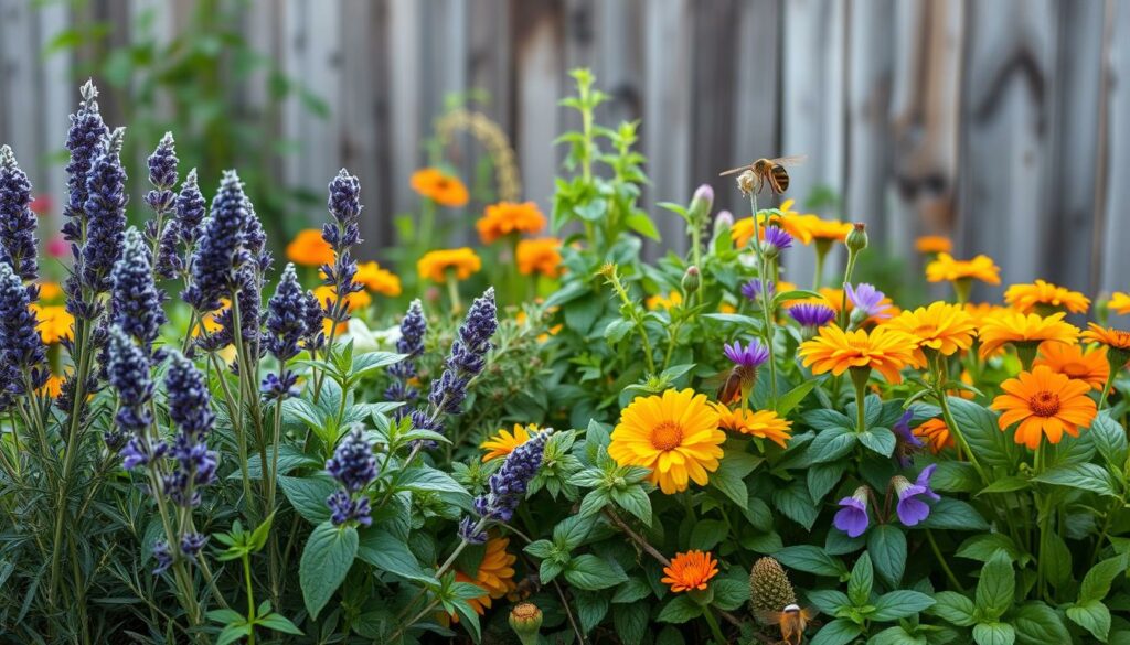 A vibrant display of diverse herbs arranged in a lush, verdant garden setting. In the foreground, a cluster of fragrant, aromatic plants including lavender, rosemary, and peppermint, their leaves gently swaying in a soft, natural light. In the middle ground, a mix of other insect-repelling herbs such as citronella, marigolds, and basil, their colors and textures creating a visually captivating composition. The background features a blurred, out-of-focus backdrop of a rustic wooden fence, suggesting a cozy, backyard ambiance. The overall scene conveys a sense of tranquility and the powerful, natural abilities of these herbs to ward off pesky bugs.
