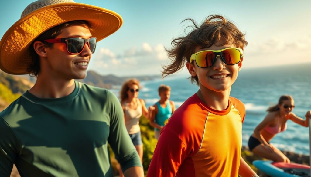 A vibrant summer scene in warm, golden lighting. In the foreground, a sleek, modern summer safety gear set - a lightweight, breathable hat with UV protection, high-visibility athletic sunglasses, and a moisture-wicking, quick-drying rash guard. In the middle ground, a dynamic group of young people engaged in various summer activities like surfing, kayaking, and hiking, all wearing the latest in cutting-edge safety accessories. The background features a picturesque coastal landscape with lush greenery, sparkling azure waters, and a cloudless sky. The overall mood is one of youthful energy, outdoor adventure, and responsible summer fun.