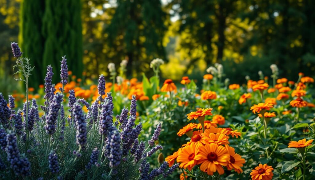 An elegant, vibrant garden scene featuring a diverse array of natural pest-deterring herbs. In the foreground, lush bunches of lavender, rosemary, and citronella sway gently in the soft, dappled light. In the middle ground, clusters of fragrant marigolds and pungent basil plants dot the verdant landscape. The background is filled with the verdant silhouettes of tall, leafy trees, casting a warm, earthy glow over the scene. The overall composition has a serene, calming atmosphere, conveying the natural, sustainable power of these aromatic herbs to safely and effectively repel unwanted pests.