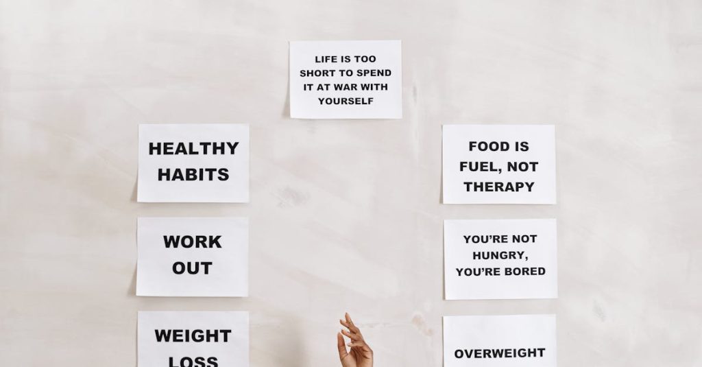 Collection of motivational quotes promoting healthy habits and mental well-being.