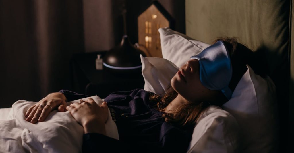 A woman resting with a sleep mask in a calm bedroom setting, creating a serene and cozy atmosphere.