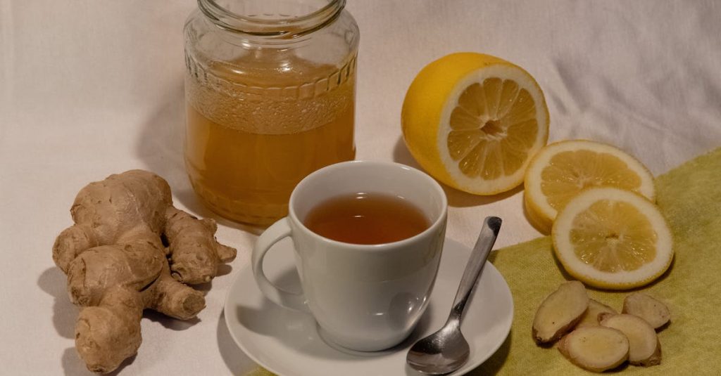 A cozy setup featuring ginger lemon tea with honey, promoting wellness and comfort.