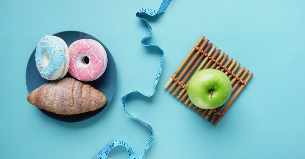 Contrast of healthy and indulgent foods with a measuring tape for weight management.