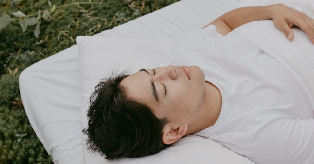 A peaceful moment of an adult resting outdoors on a pillow, embodying tranquility and comfort.